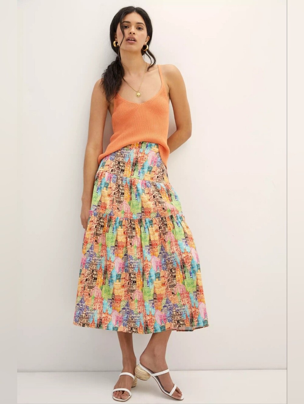 Eva Franco Villa Tiered Maxi Skirt Cityscape Pattern Women's Size 4
